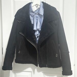 ZARA Satin Blue Ruffled Blouse with Black Shearling Jacket